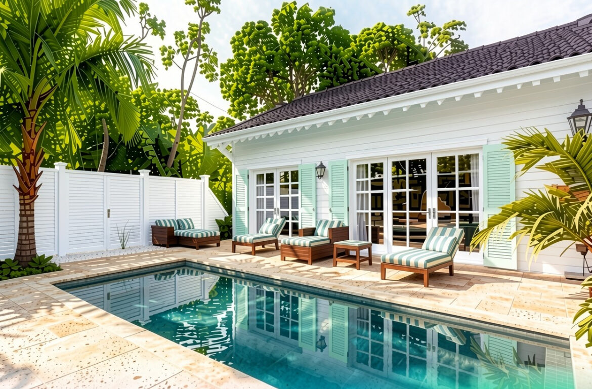319 Grinnell Street Key West poolside after with painted louvered shutters and white French doors