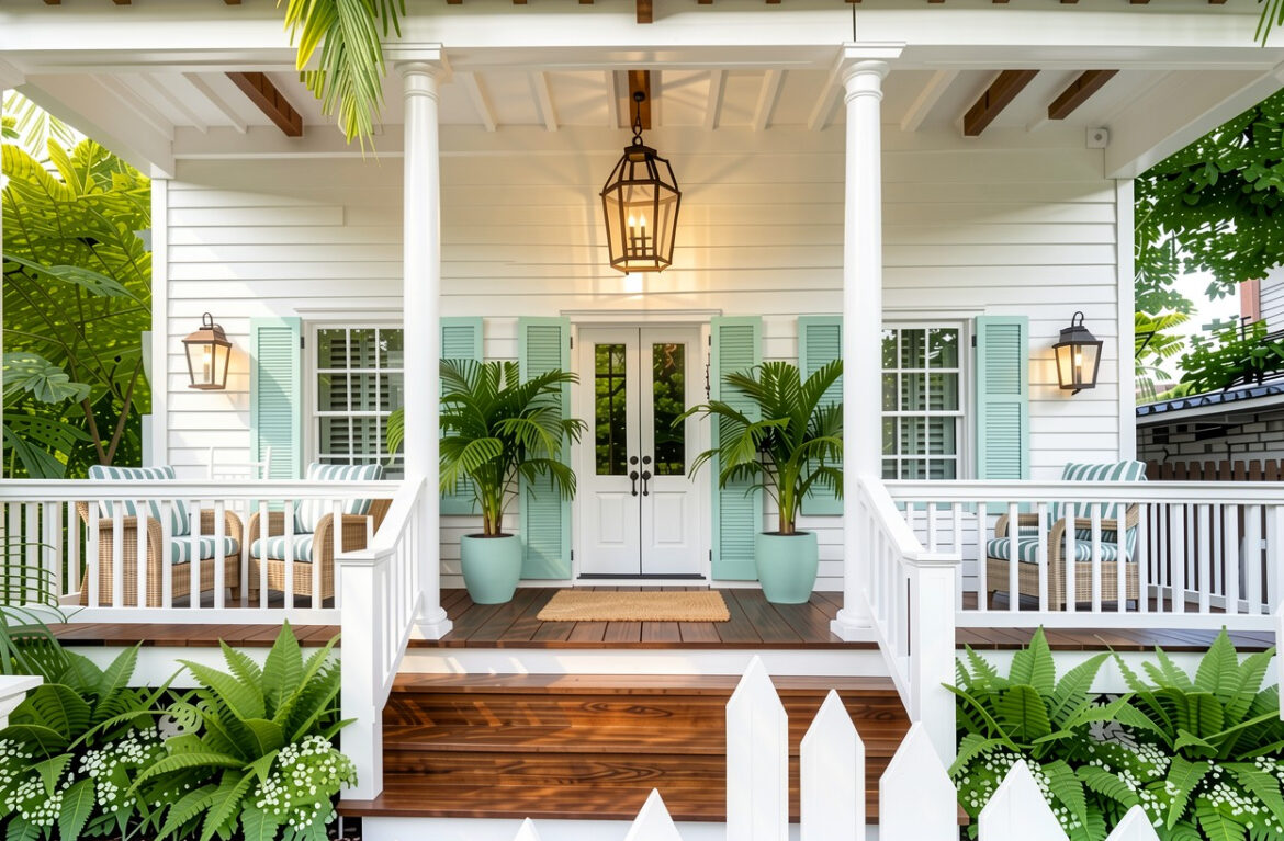 319 Grinnell Street Key West front porch after with painted louvered shutters and white double front doors