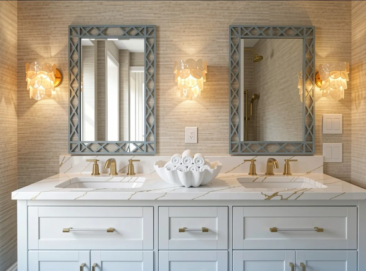 22 Tashama Lane Nantucket primary bathroom after redesign with grasscloth wallpaper, blue fretwork mirrors, capiz shell sconces, and brass fixtures