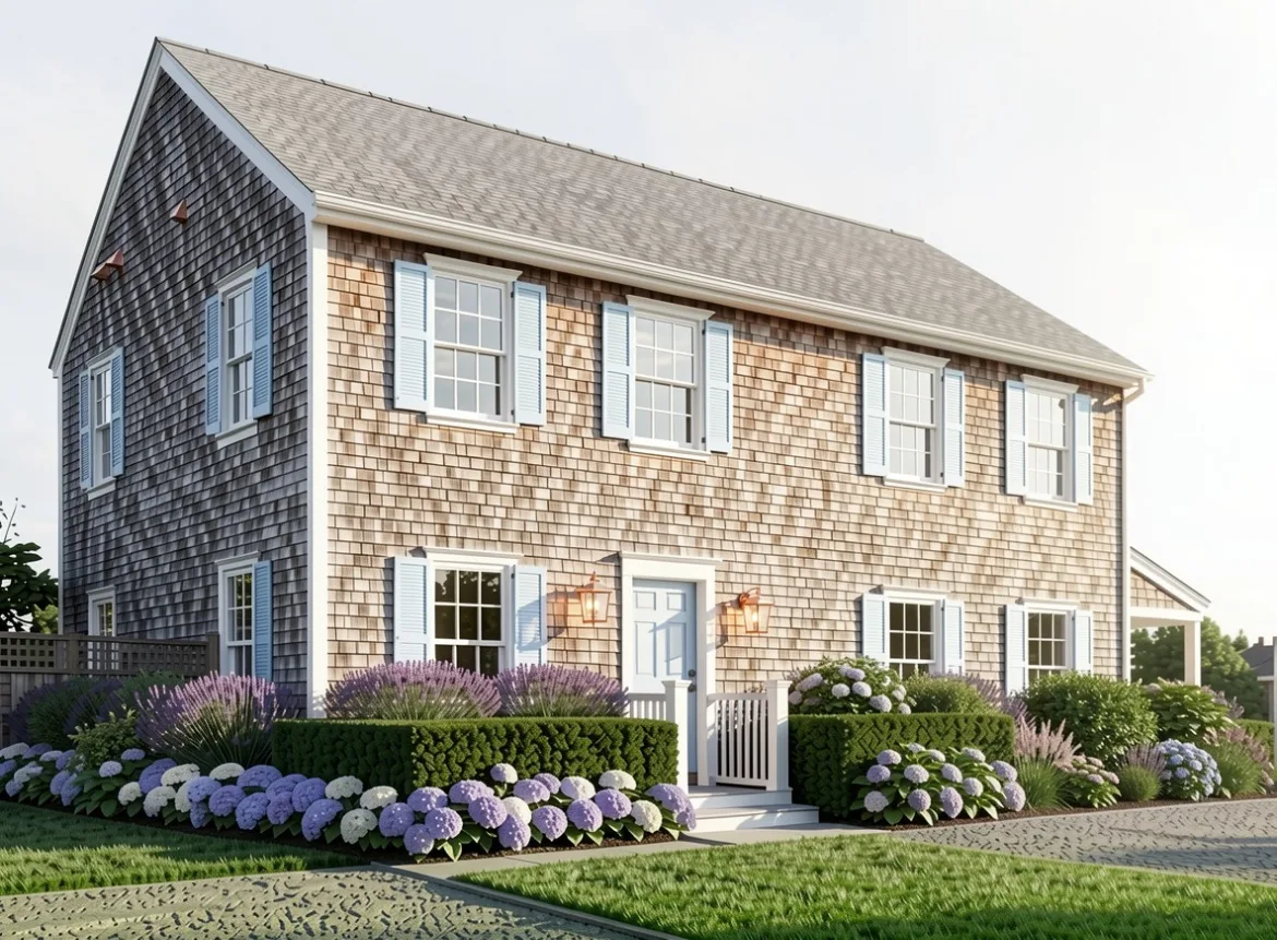 22 Tashama Lane Nantucket home after redesign with blue shutters and hydrangea landscaping