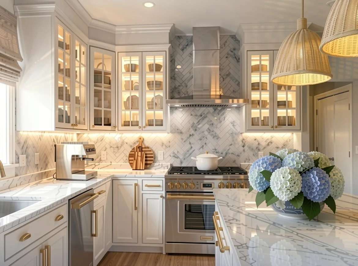 22 Tashama Lane Nantucket kitchen after redesign with glass-front cabinets, brass hardware, and rattan pendants