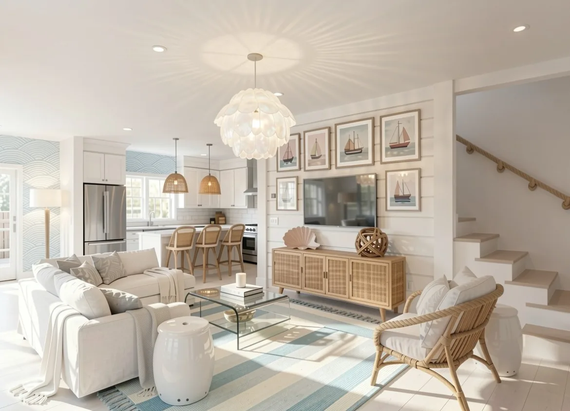 22 Tashama Lane Nantucket living room after redesign with coastal furnishings, rattan accents, and gallery wall