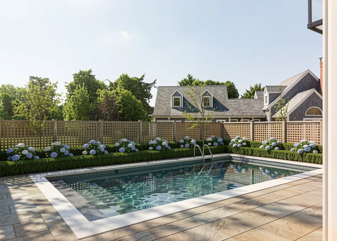 22 Tashama Lane Nantucket poolside after redesign with lattice privacy fence and hydrangea beds