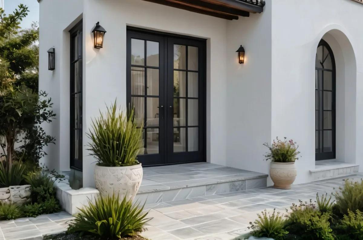 3736 State Street Santa Barbara front entry after redesign with black French doors, lanterns, and stone landing