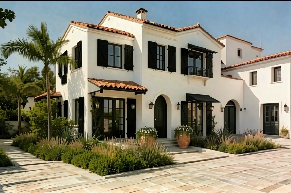 3736 State Street Santa Barbara exterior after redesign with black louvered shutters and doors
