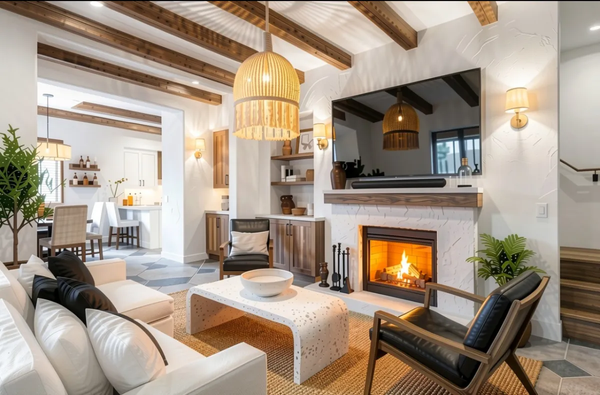 3736 State Street Santa Barbara living room after redesign with wood beam ceiling, rattan pendant, and layered seating