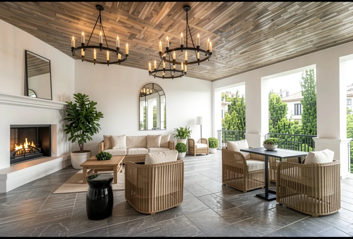 3736 State Street Santa Barbara covered loggia after redesign with plank ceiling, iron ring chandeliers, and rattan lounge seating